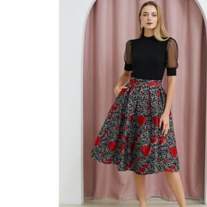 NWT CHICWISH Love Story Red Heart Pleated Midi Skirt in Size S